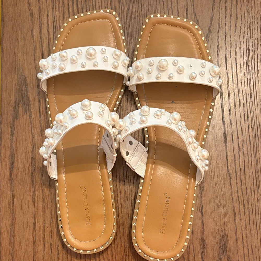 Pierre Dumas White Pearl-Embellished Double Strap Sandals
